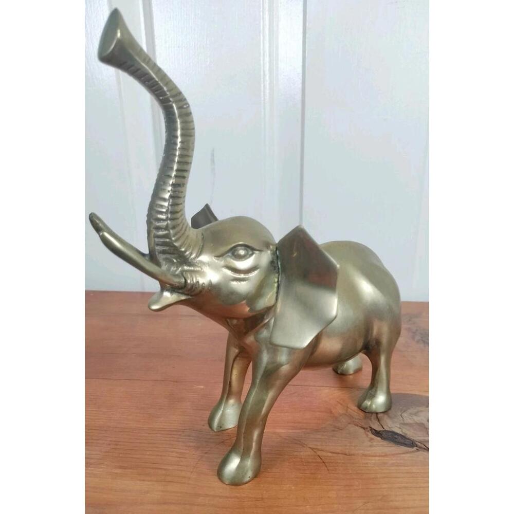 Vintage Solid Brass Elephant Figurine Statue 2‎ lbs 9" Tall Trunk Up Home Décor